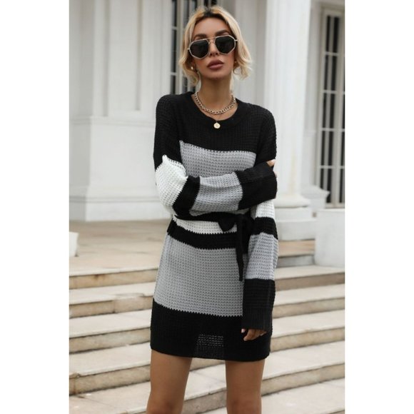 Color Block Belted Round Neck Sweater Dress - Picture 3 of 5